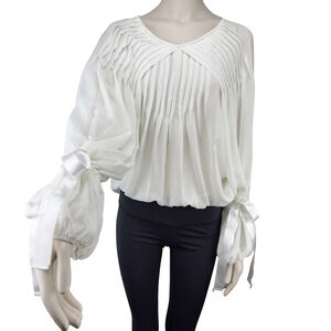LAUREN VIDAL Pleated Victorian Boho Long Sleeve Blouse Ribbon Tie Cuffs White S